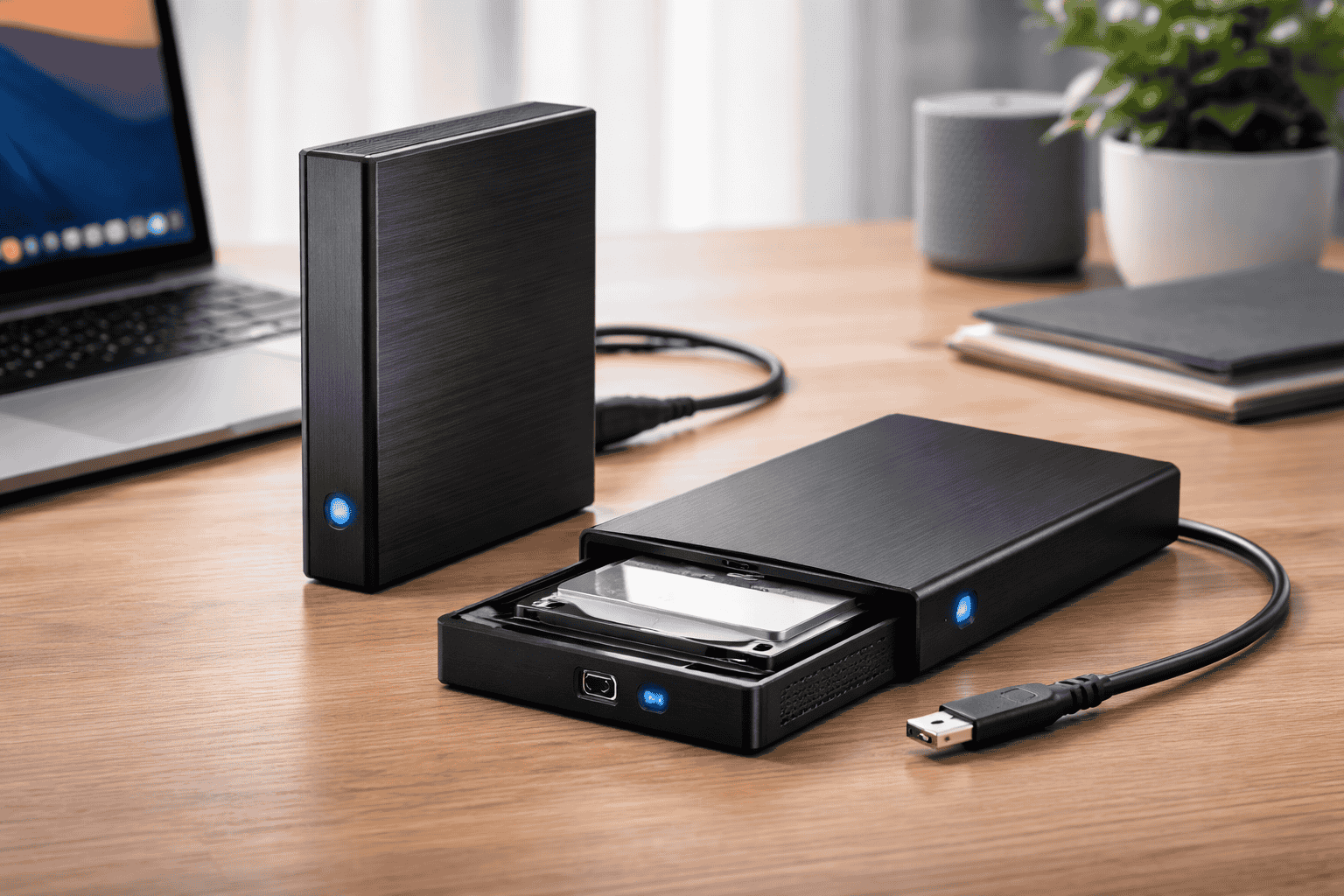 caja externa de disco duro sobre mesa de escritorio